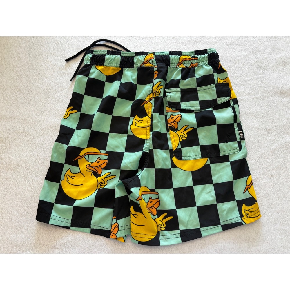 Neff Boys Swim Trunks Teal Black Checkerboard Duck Graphic Board Shorts Kids M